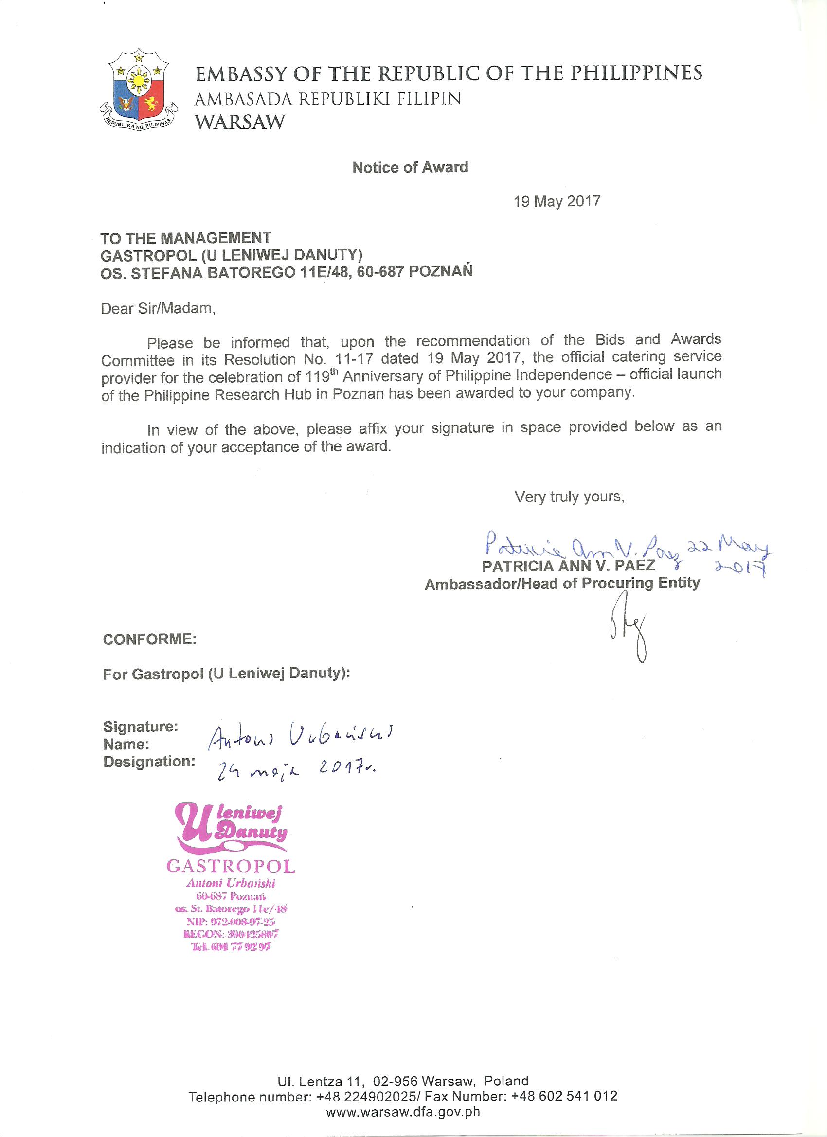 Notice of Award U Leniwej Danuty1