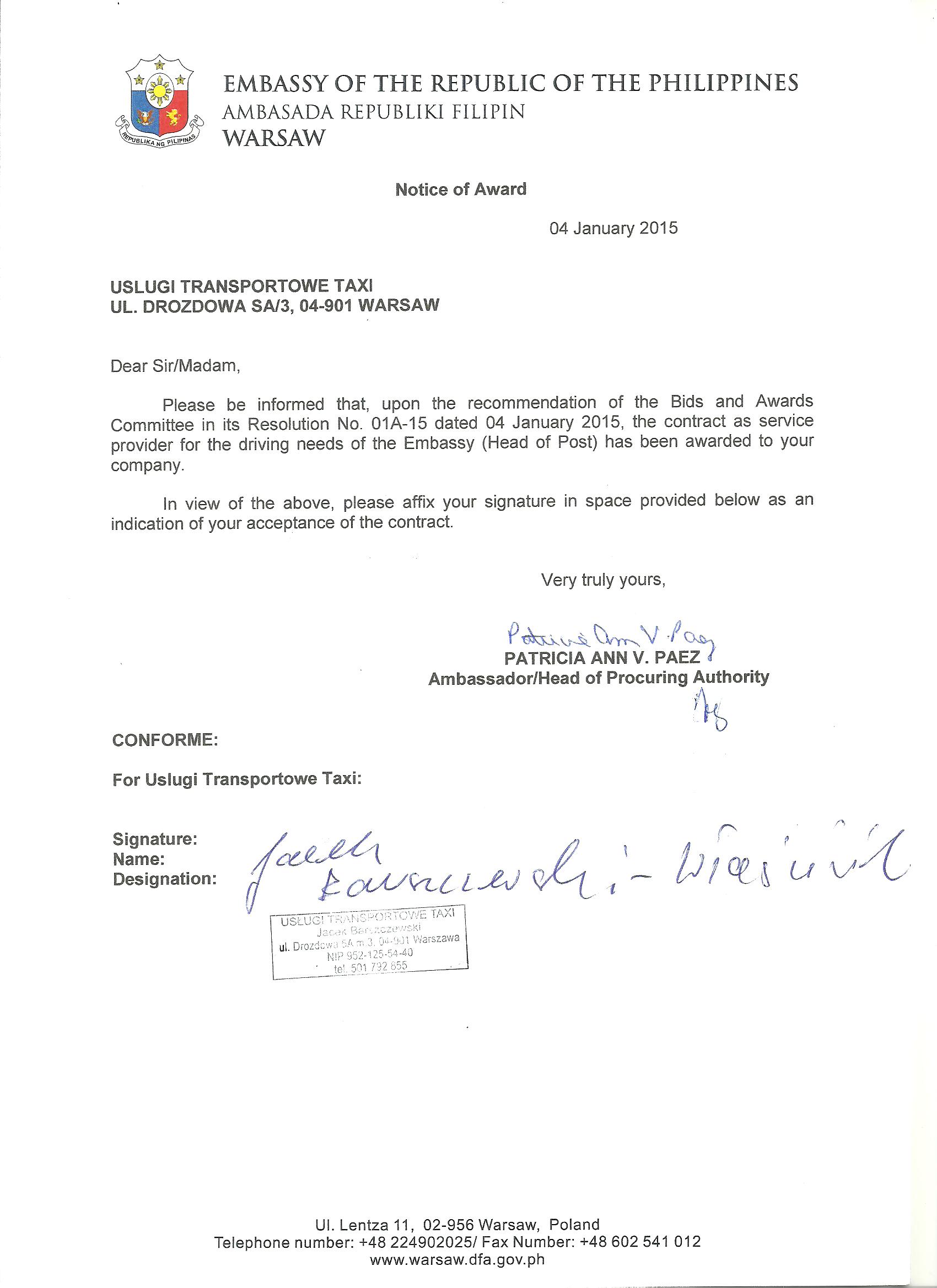 Uslugi Transportowe Notice of Award